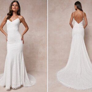 Lulus Flawless Extravagance White Lace Trumpet Hem Maxi Dress - Size M